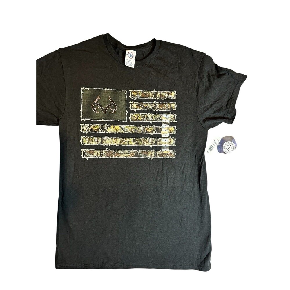 Realtree Outfitters NWT Camo Flag Black T Shirt Adult Sz M Delta USA America